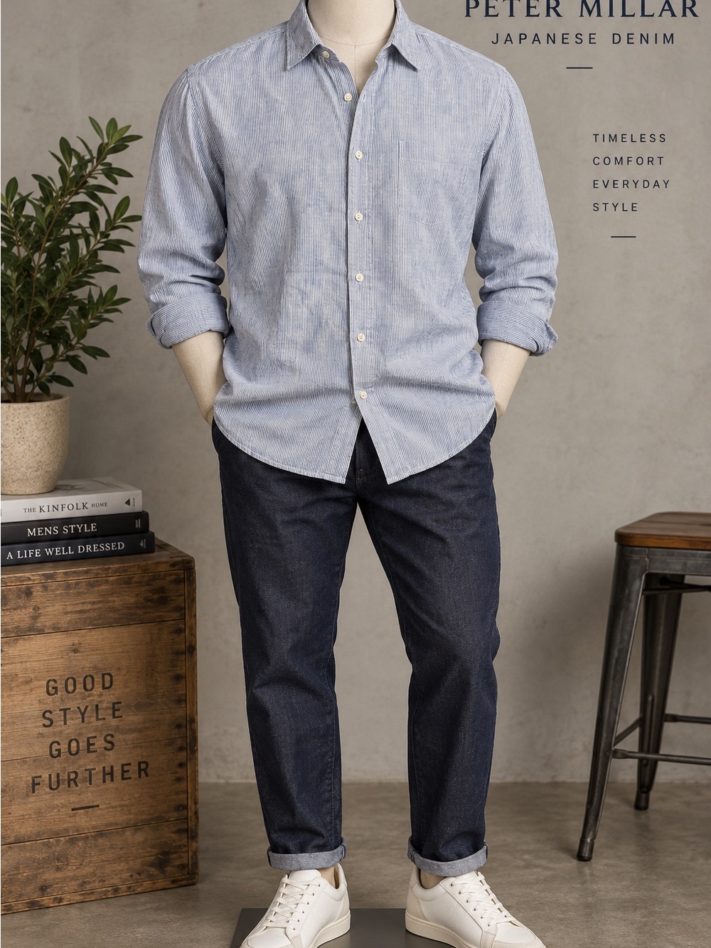 Peter Millar Japanese Denim Men’s XL Blue Striped Long Sleeve Button Down Shirt